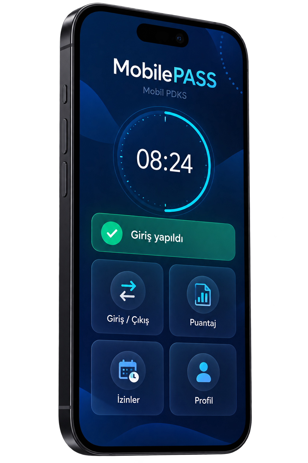 MobilePASS Mobil PDKS için temsili telefon ekranı; giriş, puantaj, izin ve profil bölümleri